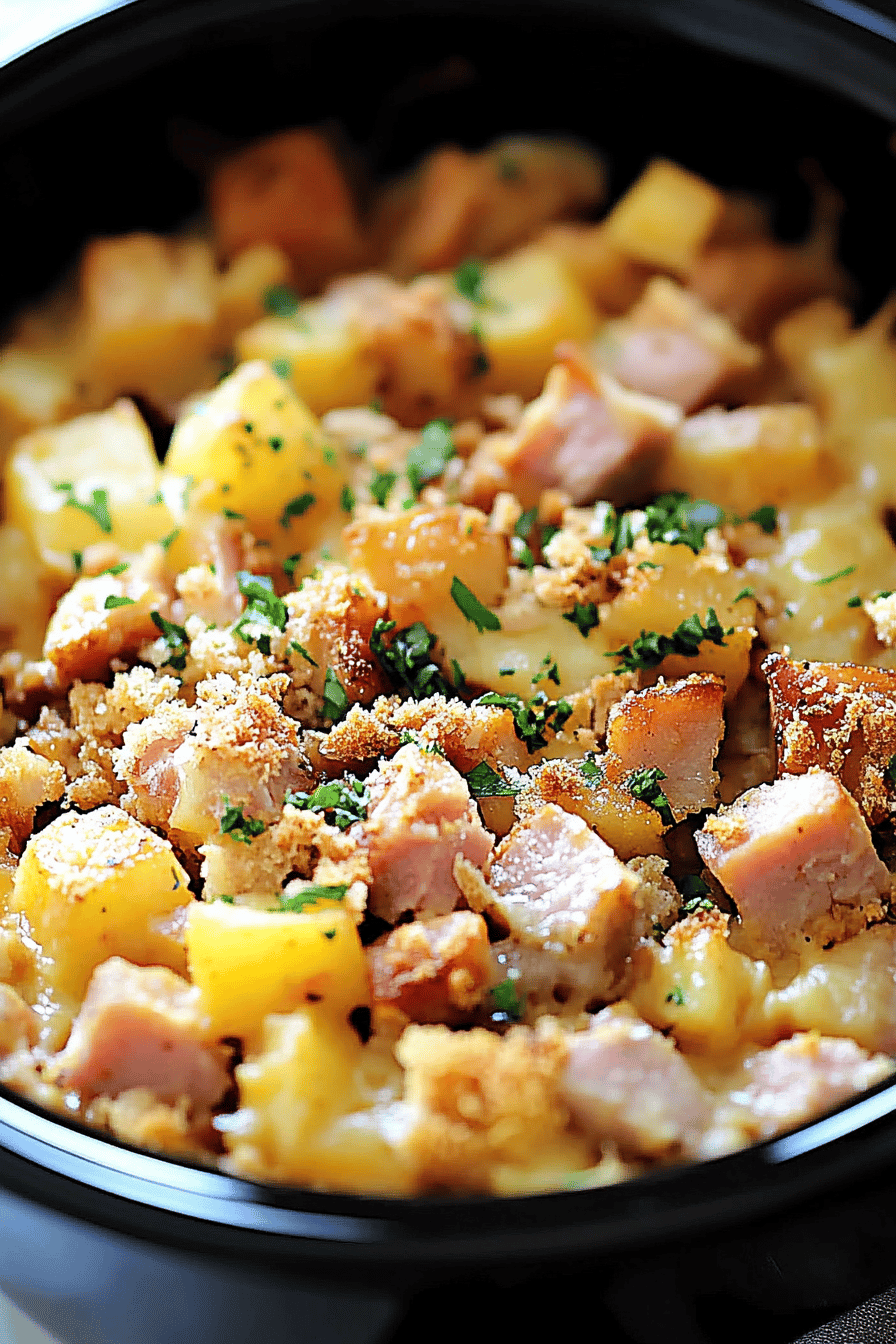 Crockpot ham casserole slice on plate showing perfect texture and swirl pattern