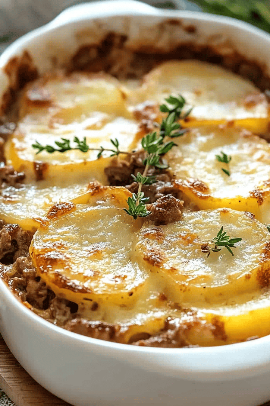 Meat and potato casserole slice on plate showing perfect texture and swirl pattern