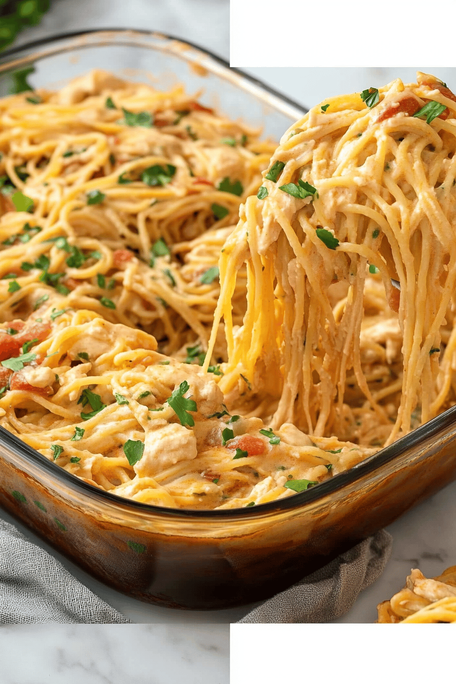 Rotel chicken spaghetti slice on plate showing perfect texture and swirl pattern