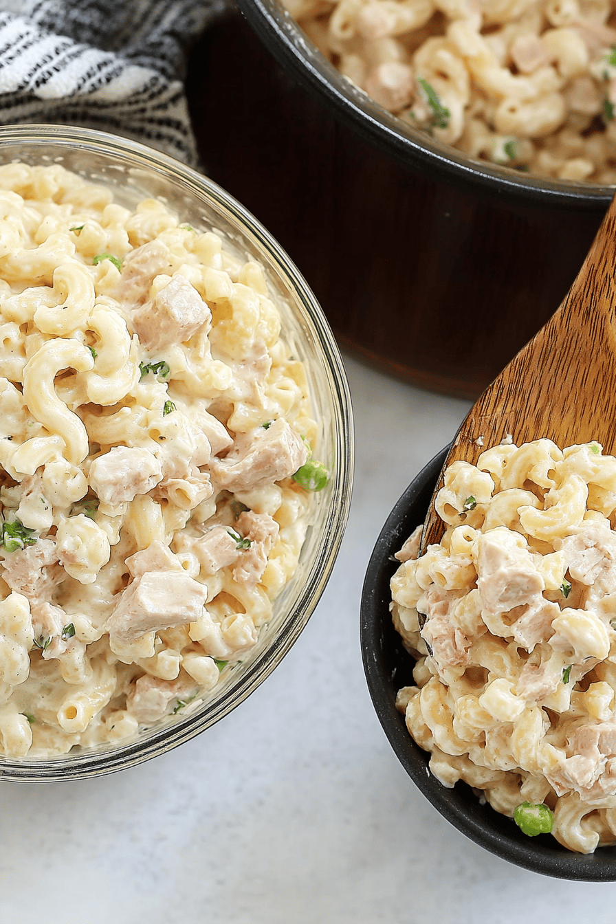 Tuna Macaroni Salad slice on plate showing perfect texture and swirl pattern