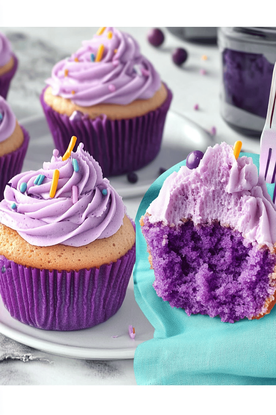 grape soda cupcakes ingredients organized and measured on kitchen counter