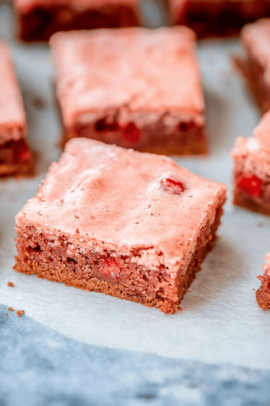 strawberry brownies slice on plate showing perfect texture and swirl pattern