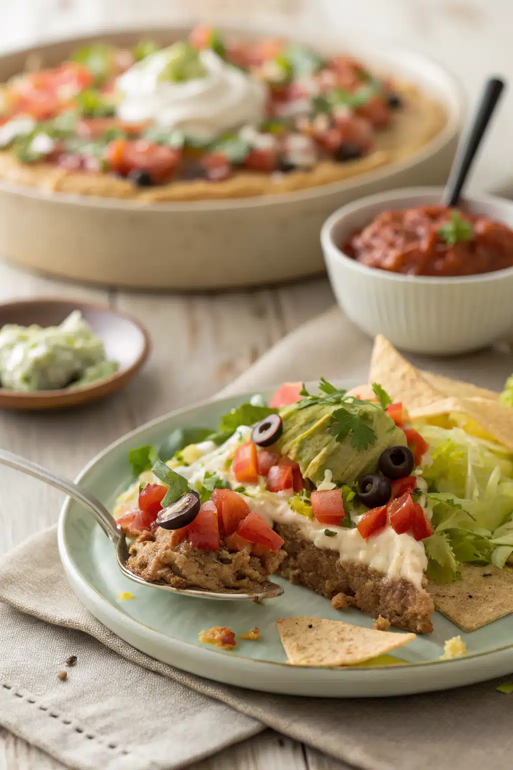 7 Layer Dip Recipe ingredients organized and measured on kitchen counter