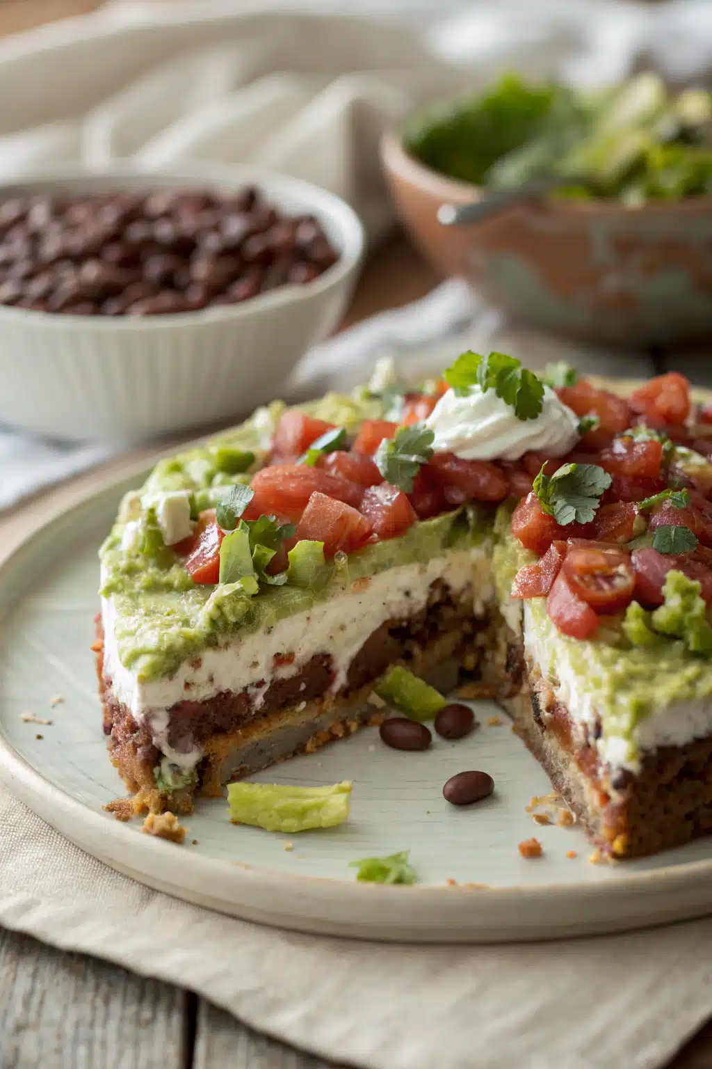 7 Layer Dip Recipe slice on plate showing perfect texture and swirl pattern