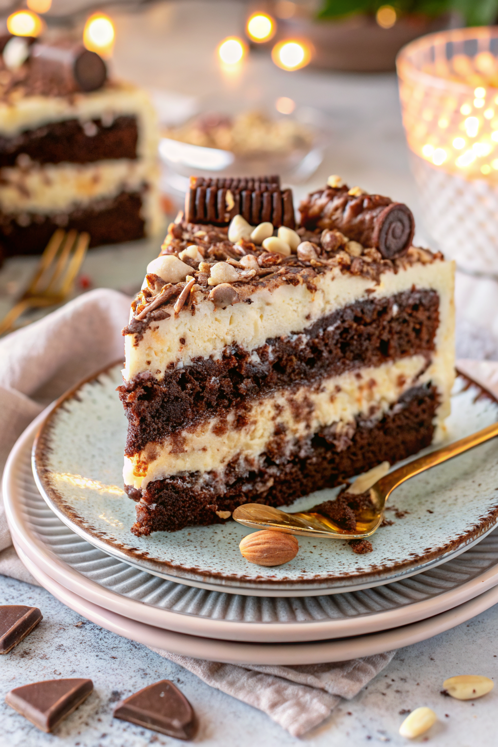 Almond Joy Layer Cake beautifully presented from an overhead angle