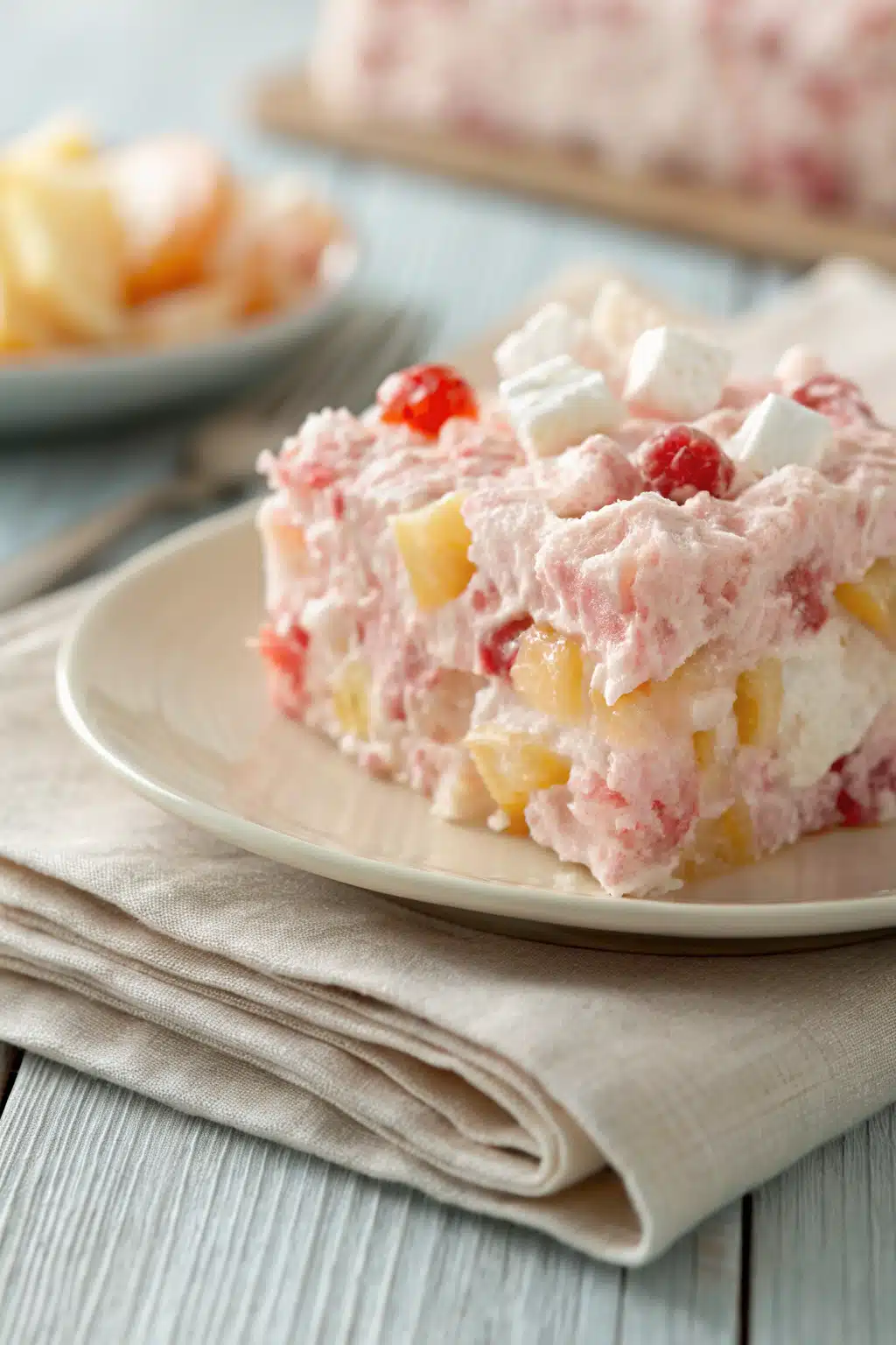 Ambrosia Salad slice on plate showing perfect texture and swirl pattern