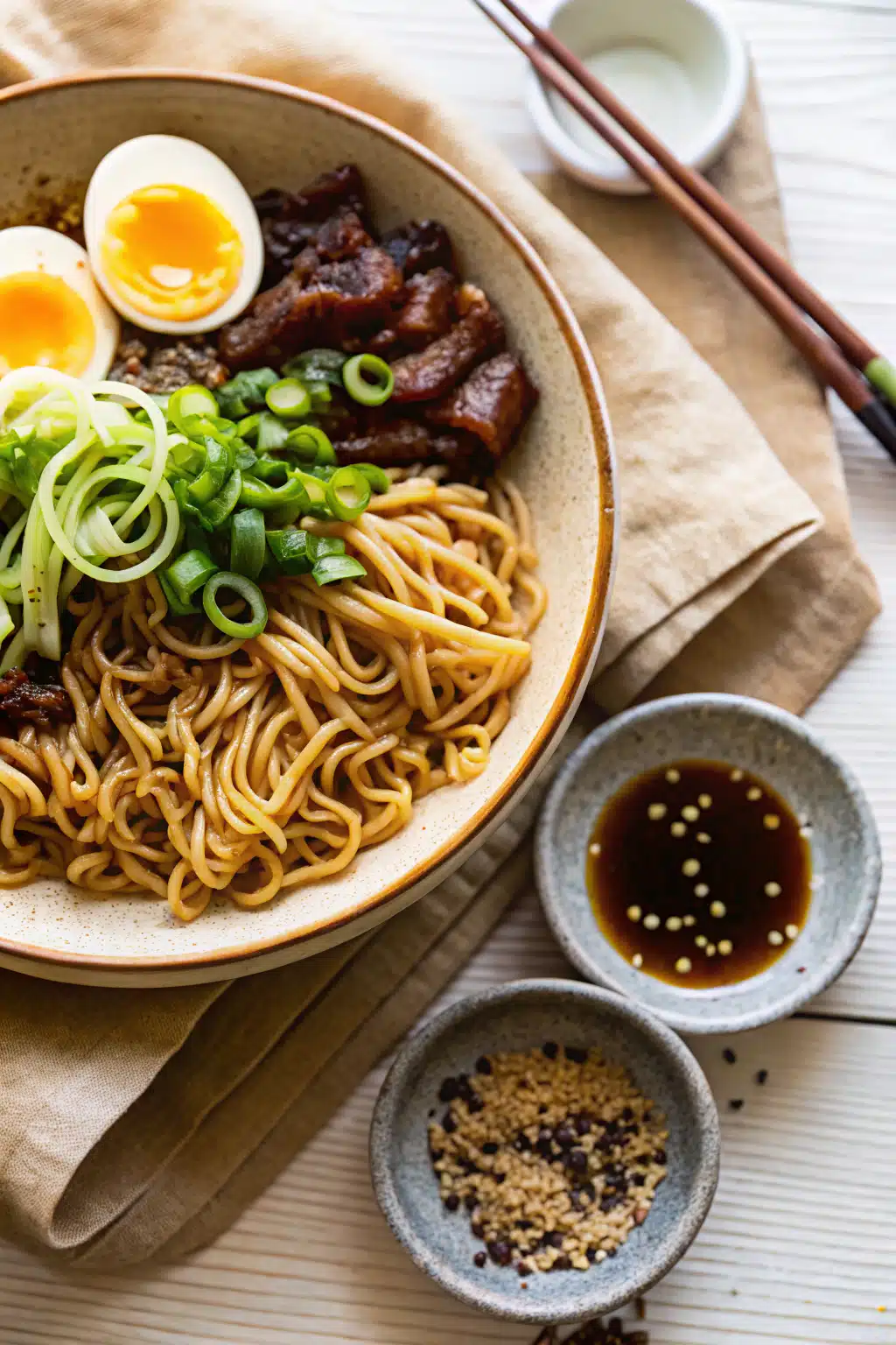 Asian Beef Ramen Noodles beautifully presented from an overhead angle