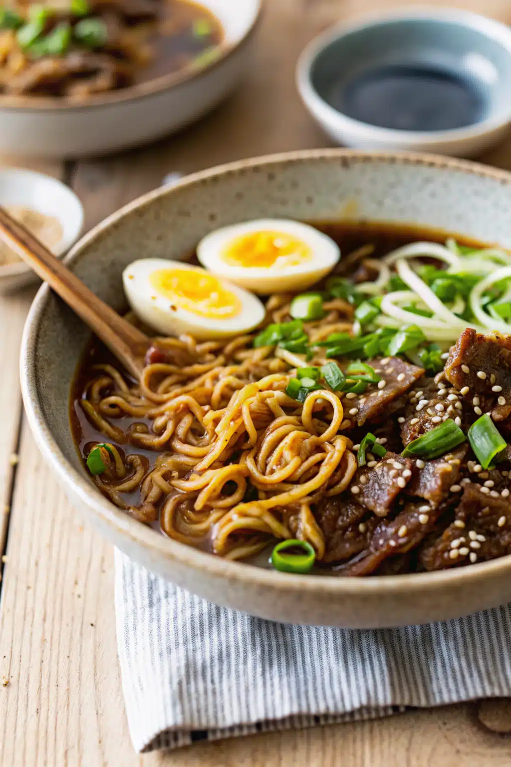 Asian Beef Ramen Noodles ingredients organized and measured on kitchen counter