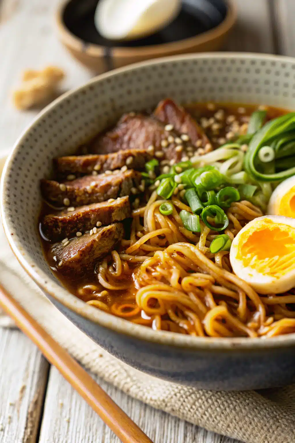 Asian Beef Ramen Noodles slice on plate showing perfect texture and swirl pattern
