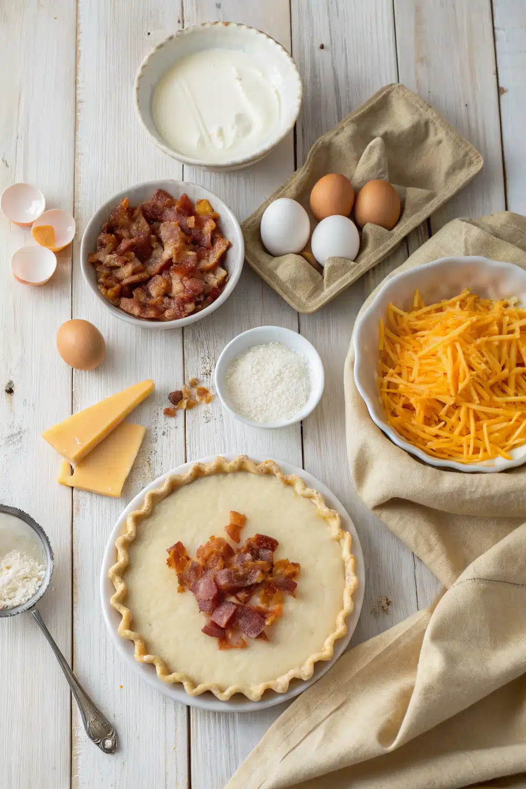 Bacon And Cheese Quiche beautifully presented from an overhead angle