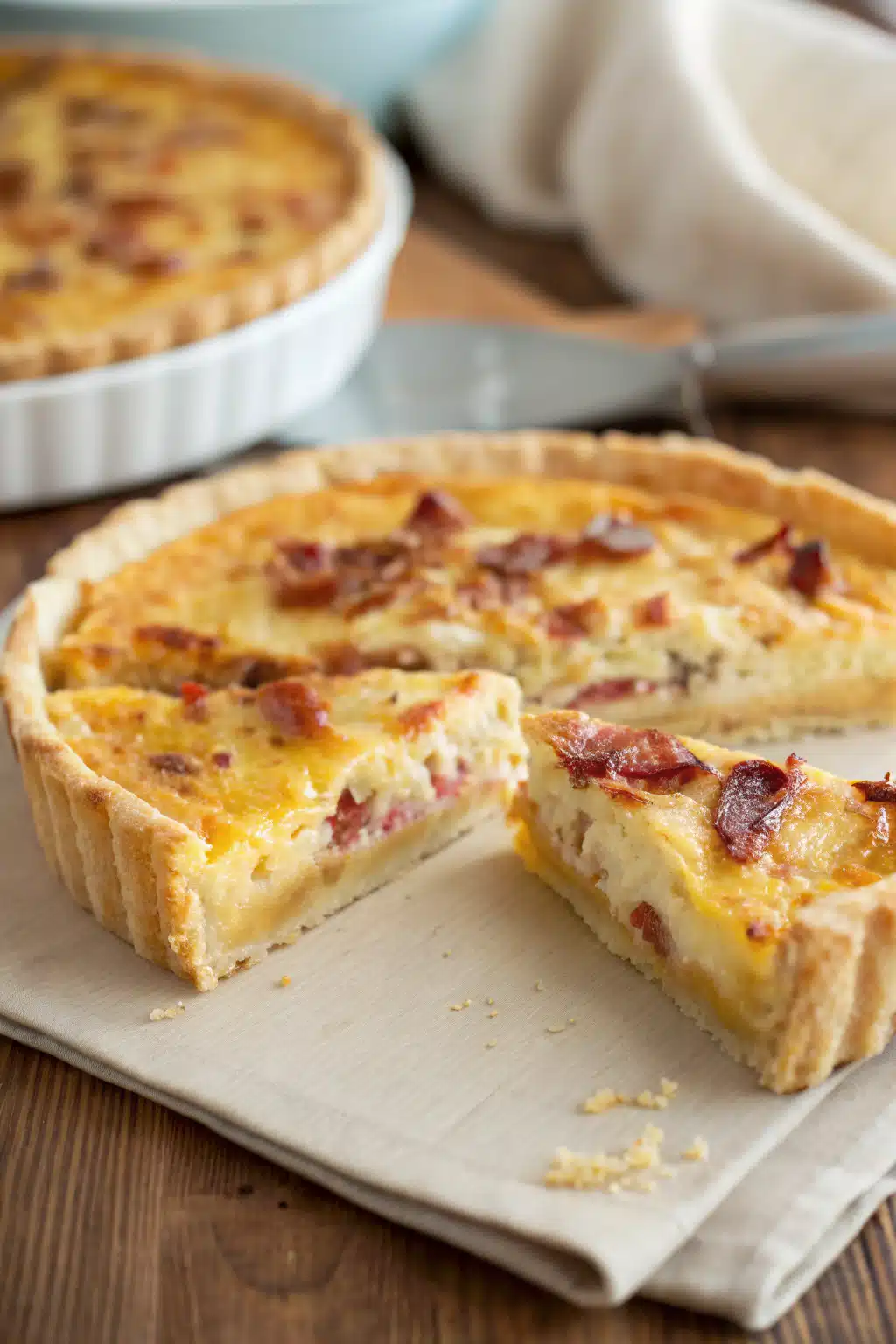 Bacon And Cheese Quiche slice on plate showing perfect texture and swirl pattern