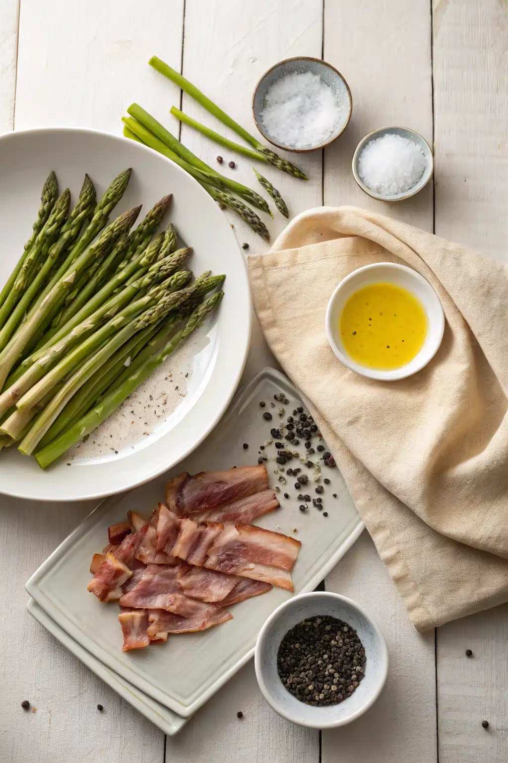 Bacon Wrapped Asparagus beautifully presented from an overhead angle