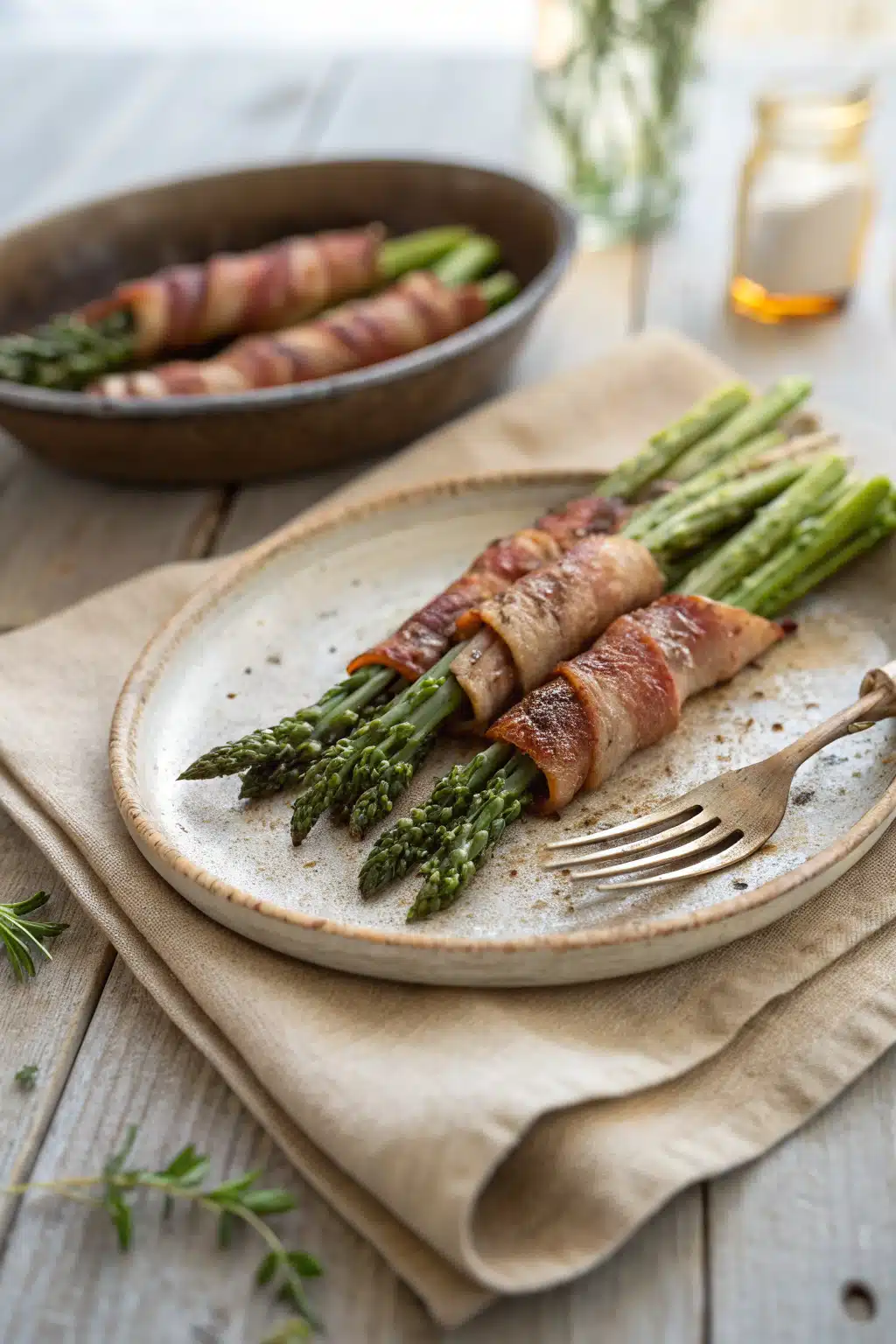 Bacon Wrapped Asparagus ingredients organized and measured on kitchen counter