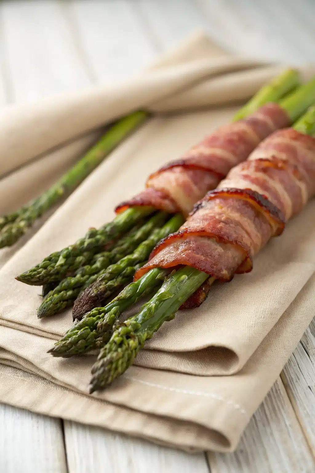 Bacon Wrapped Asparagus slice on plate showing perfect texture and swirl pattern