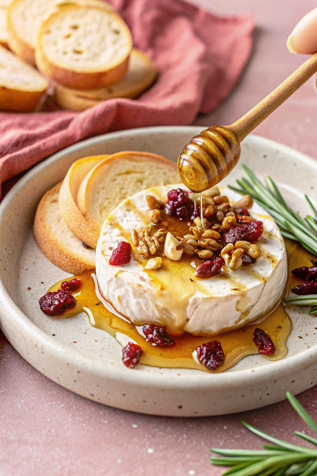 Baked Brie Honey Cranberries beautifully presented from an overhead angle