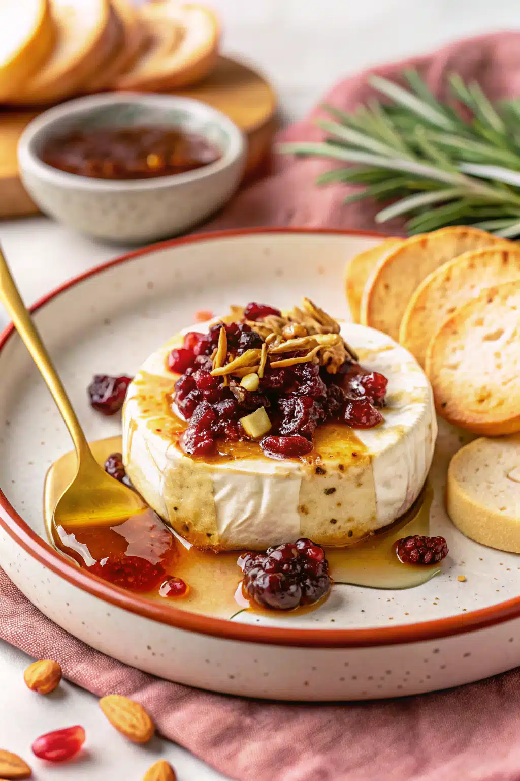 Baked Brie Honey Cranberries ingredients organized and measured on kitchen counter