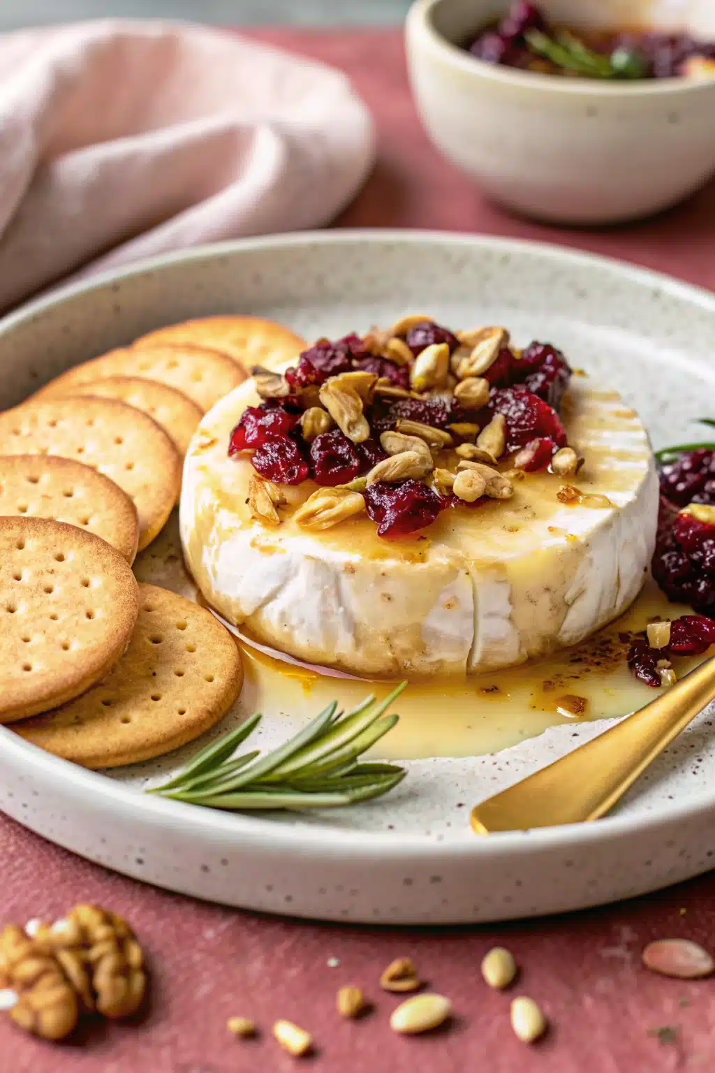 Baked Brie Honey Cranberries slice on plate showing perfect texture and swirl pattern