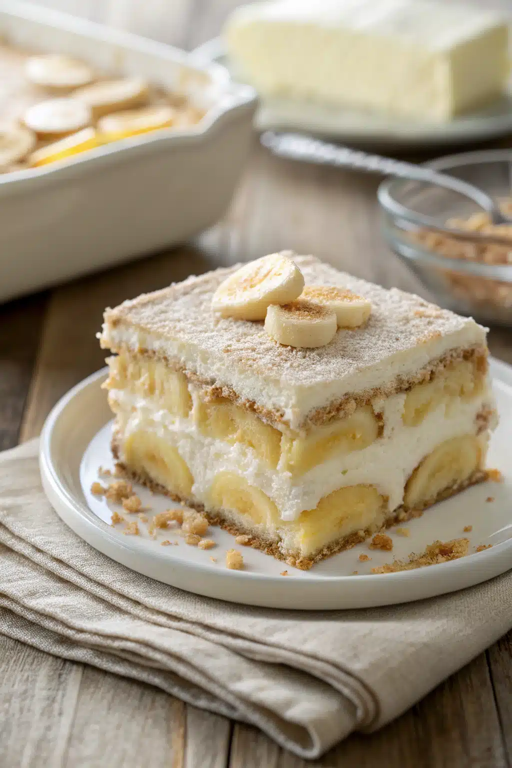 Banana Pudding slice on plate showing perfect texture and swirl pattern