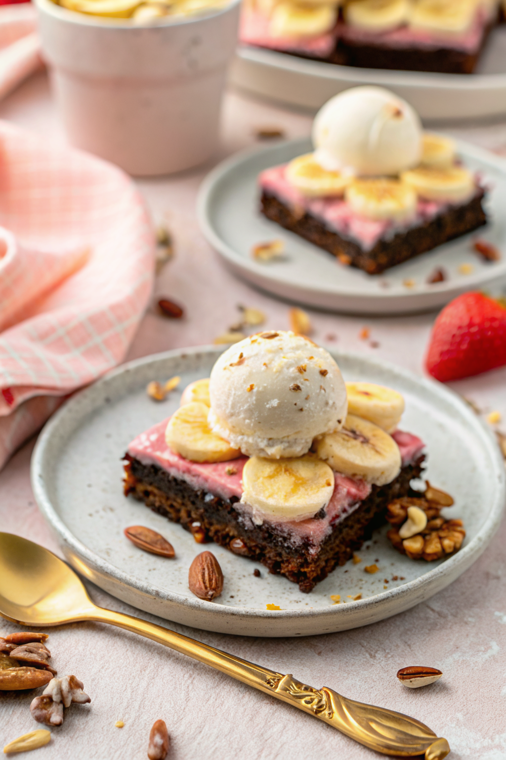 Banana Split Brownies beautifully presented from an overhead angle