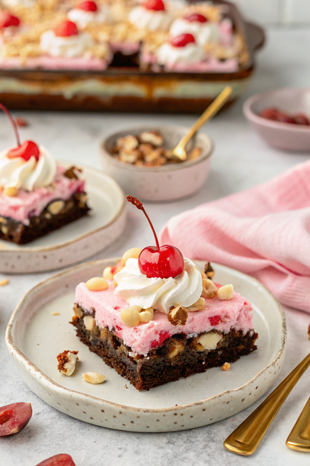 Banana Split Brownies slice on plate showing perfect texture and swirl pattern