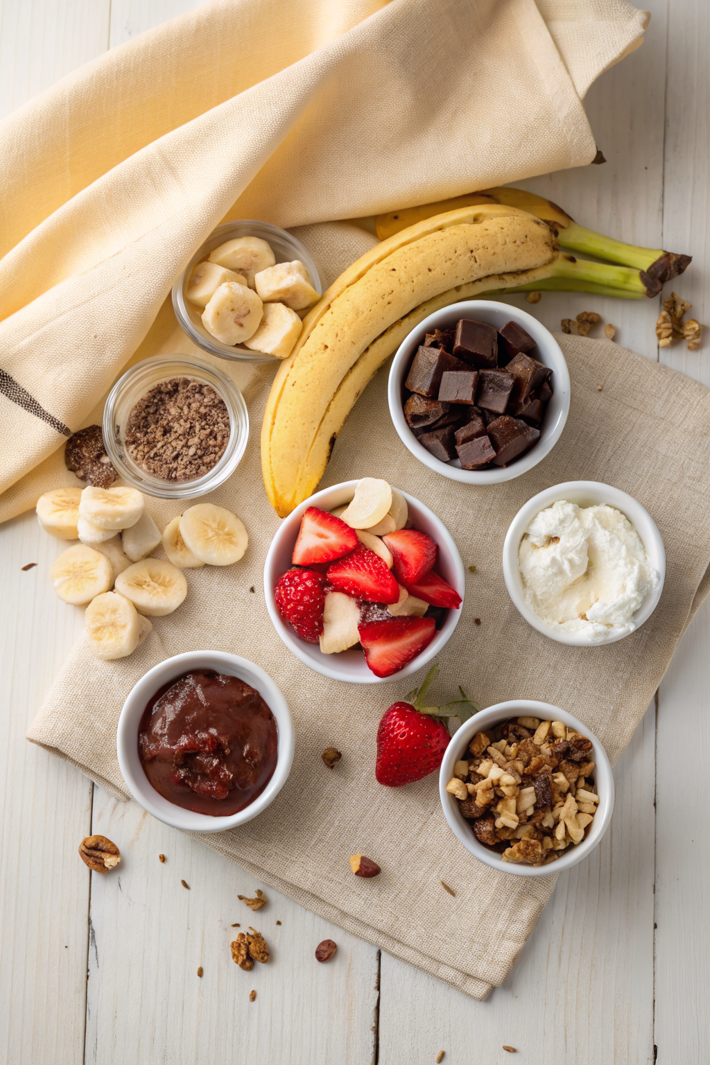 Banana Split Dessert beautifully presented from an overhead angle