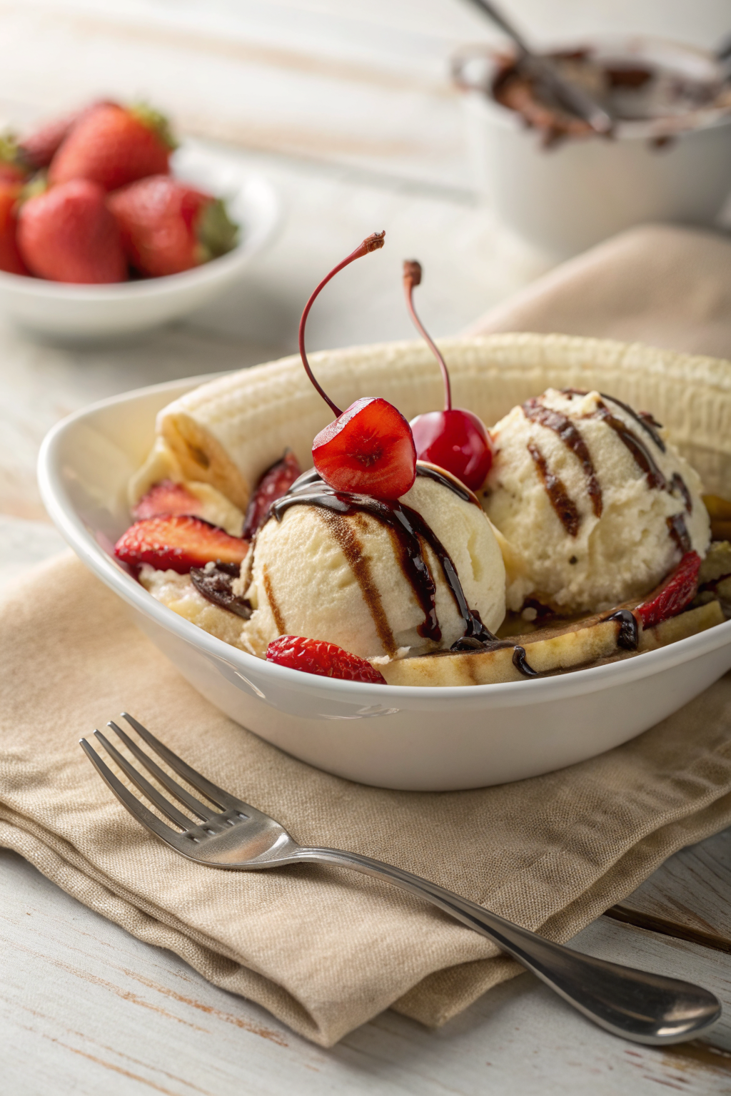 Banana Split Dessert ingredients organized and measured on kitchen counter