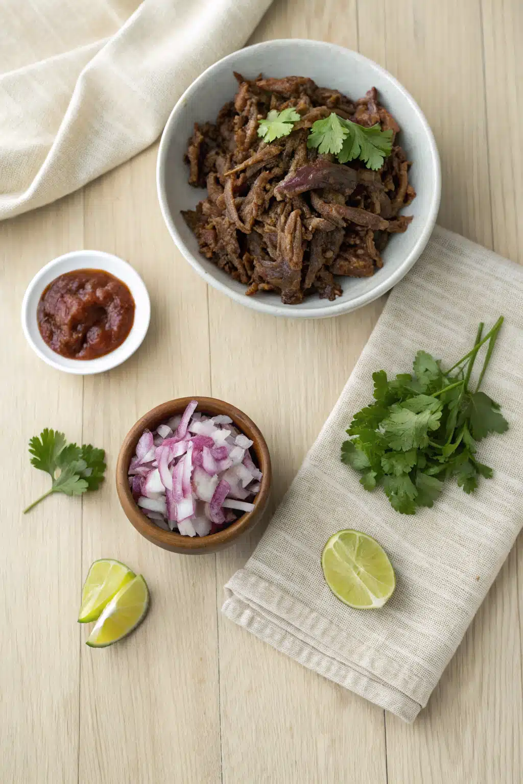 Barbacoa beautifully presented from an overhead angle