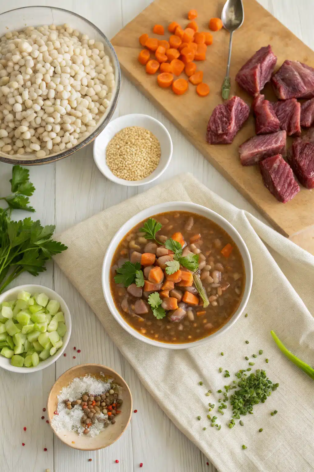 Beef Barley Soup beautifully presented from an overhead angle