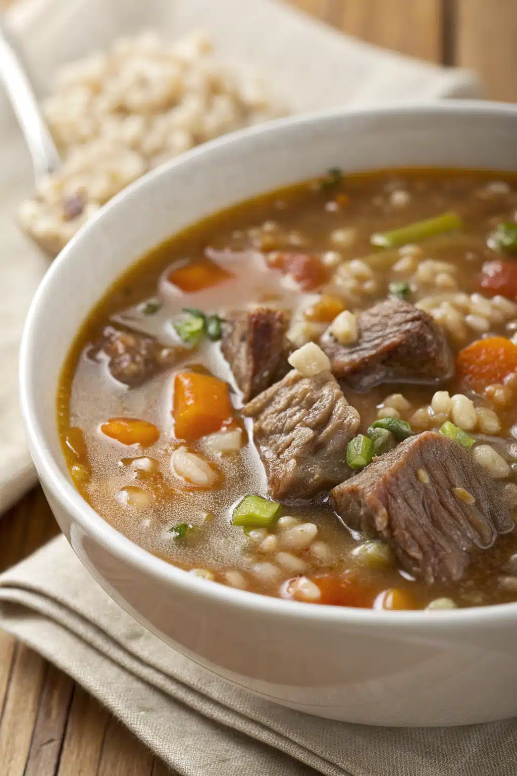 Beef Barley Soup slice on plate showing perfect texture and swirl pattern