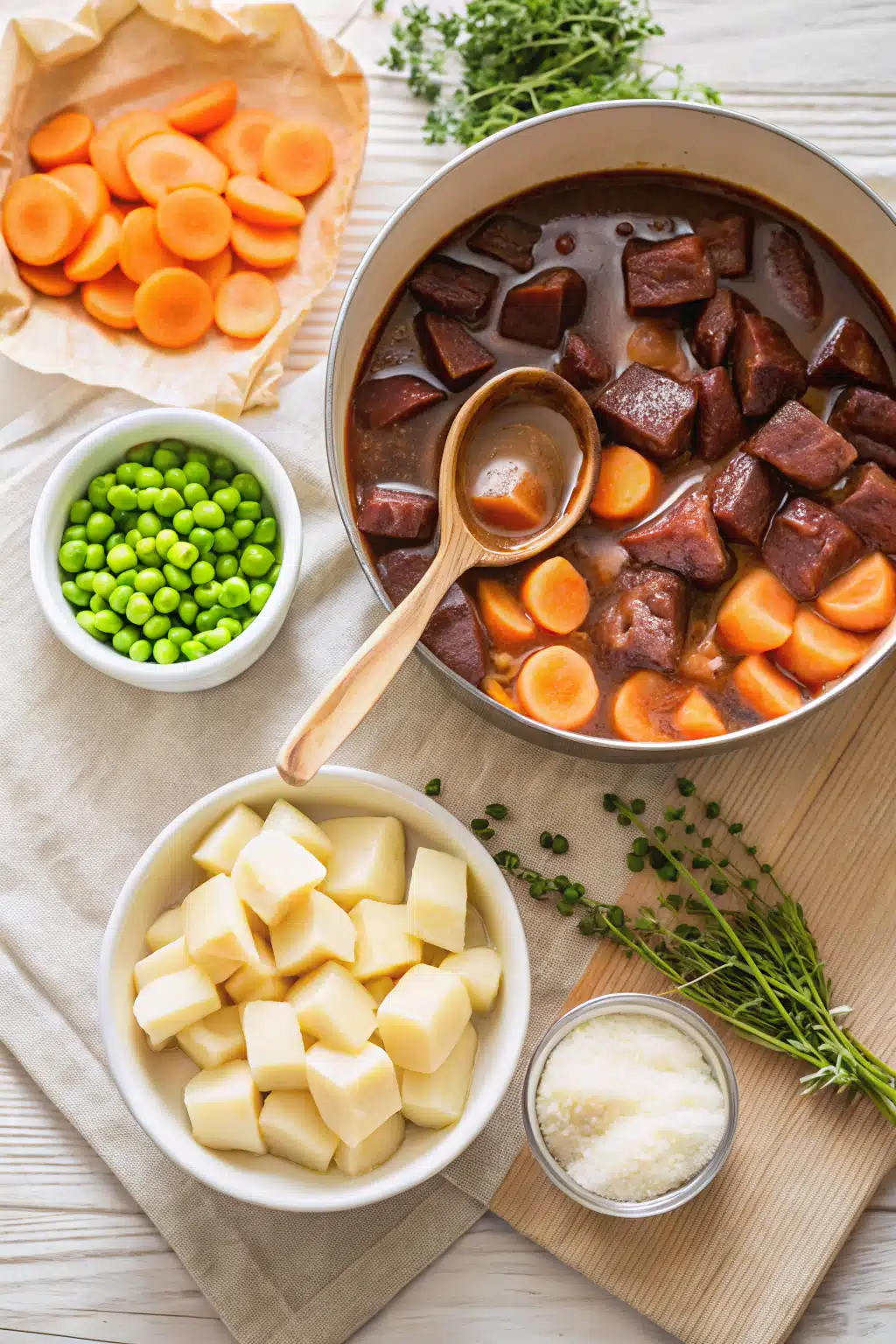 Beef Stew beautifully presented from an overhead angle