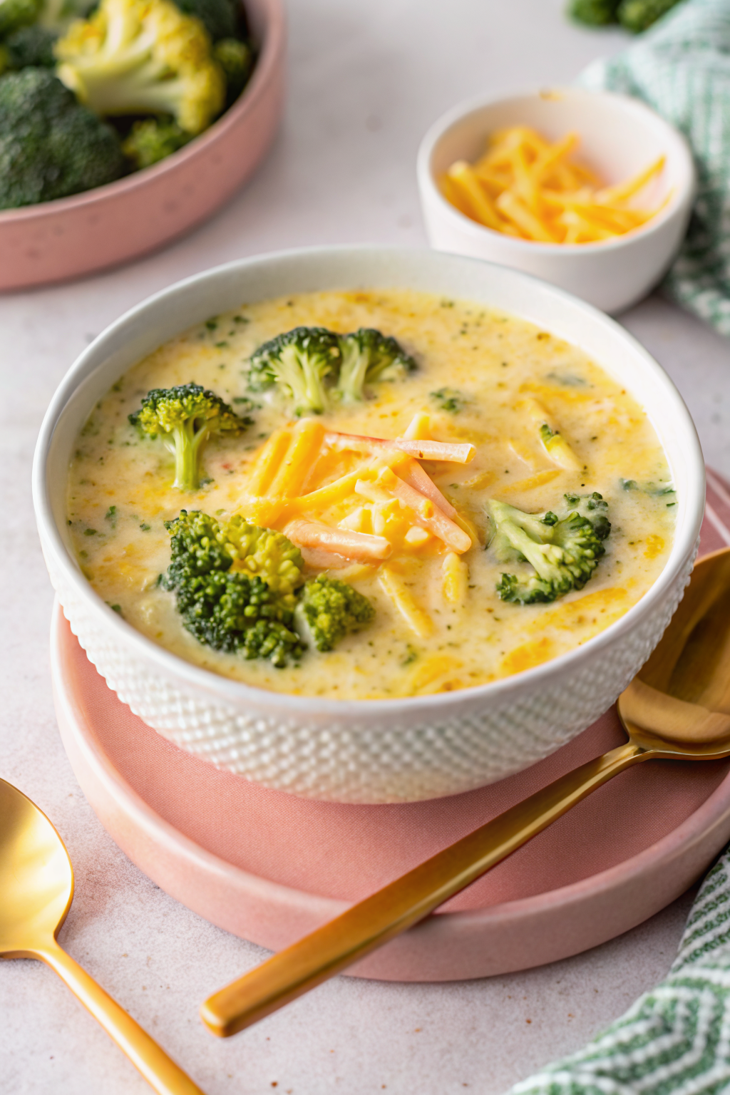 Broccoli Cheese Soup beautifully presented from an overhead angle