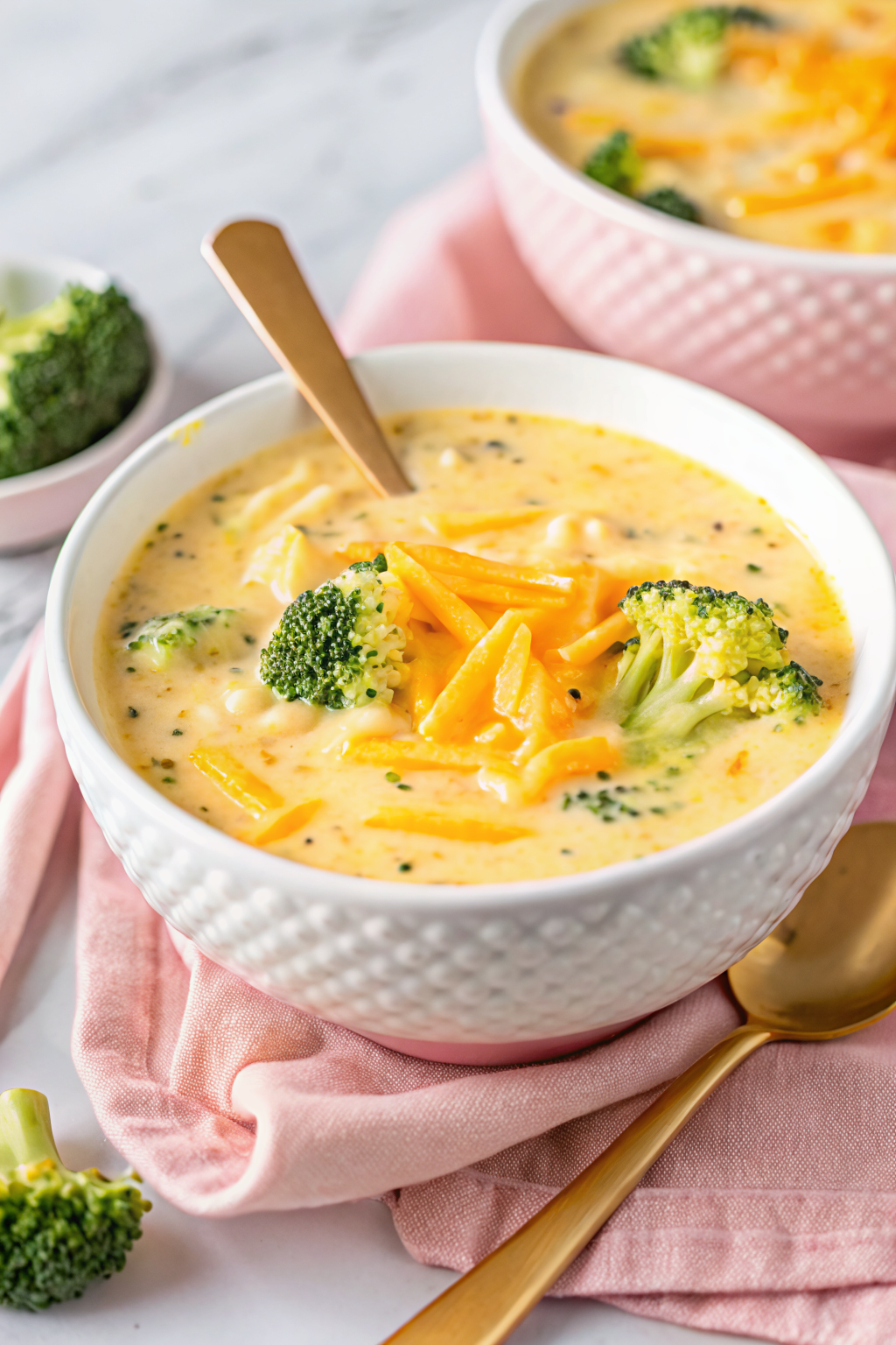 Broccoli Cheese Soup slice on plate showing perfect texture and swirl pattern