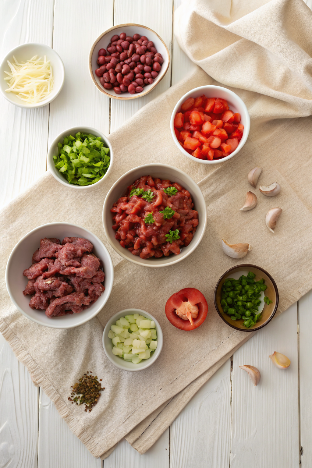 Chili Recipe beautifully presented from an overhead angle
