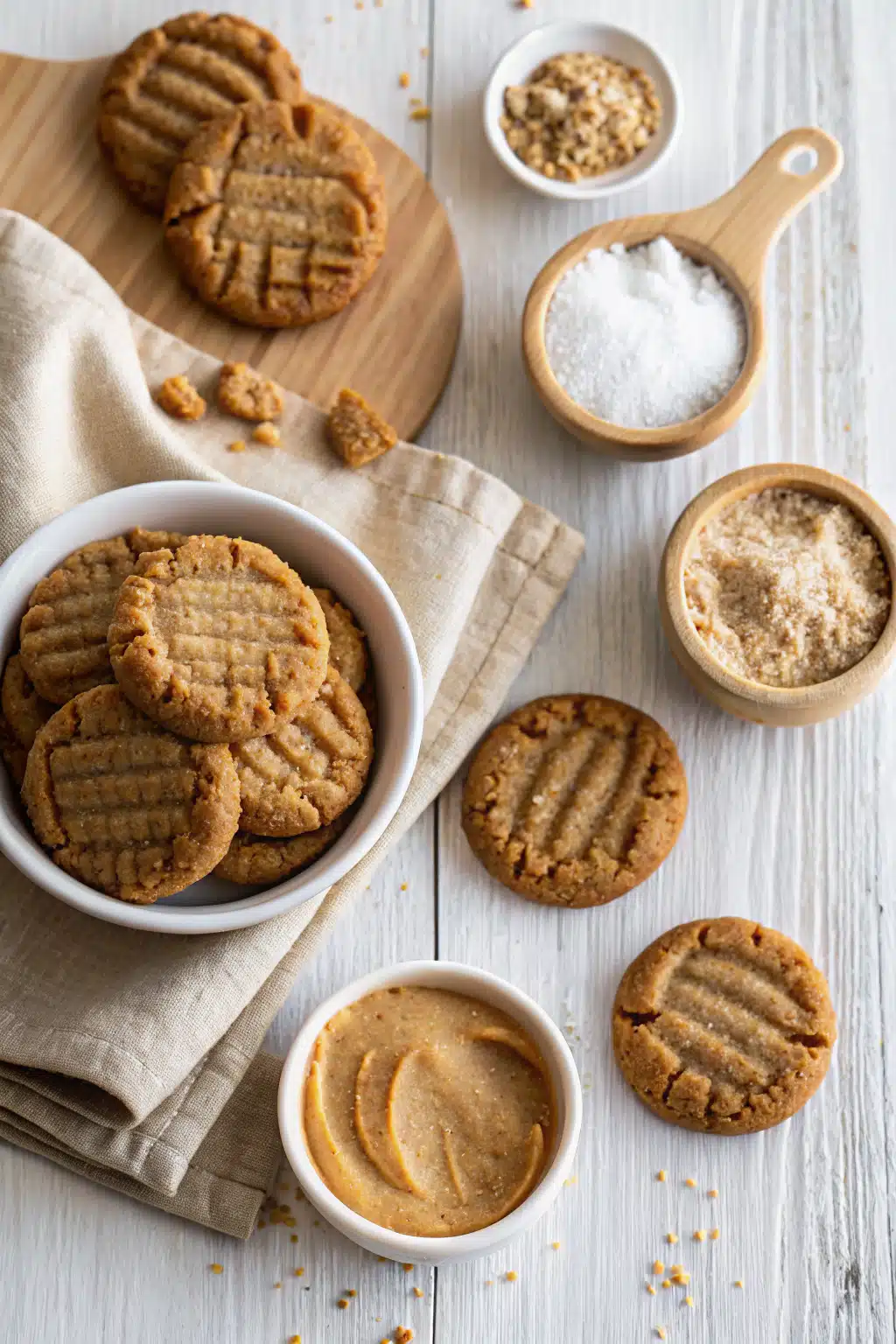 Worlds Best Easy Peanut Butter Cookies beautifully presented from an overhead angle