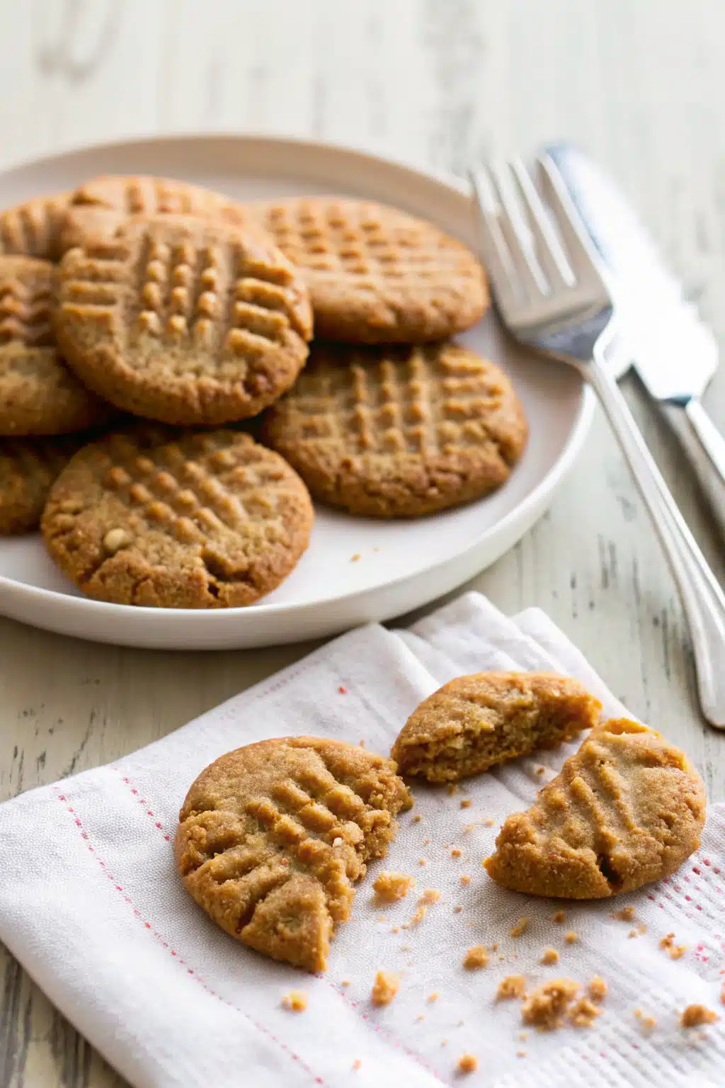 Worlds Best Easy Peanut Butter Cookies ingredients organized and measured on kitchen counter