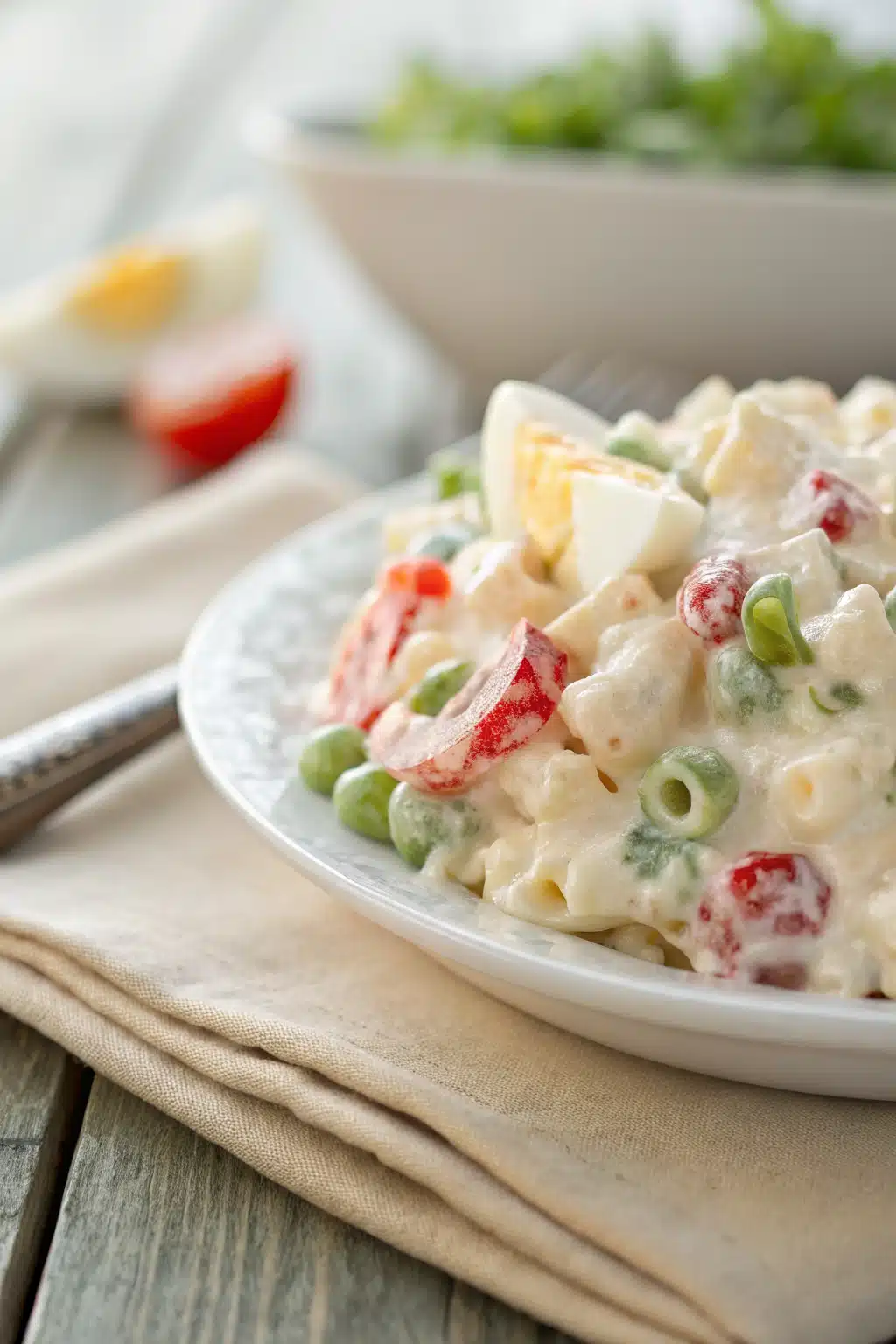 Best Macaroni Salad Tips slice on plate showing perfect texture and swirl pattern