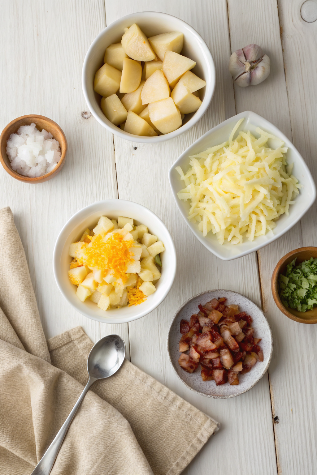 Best Potato Soup beautifully presented from an overhead angle