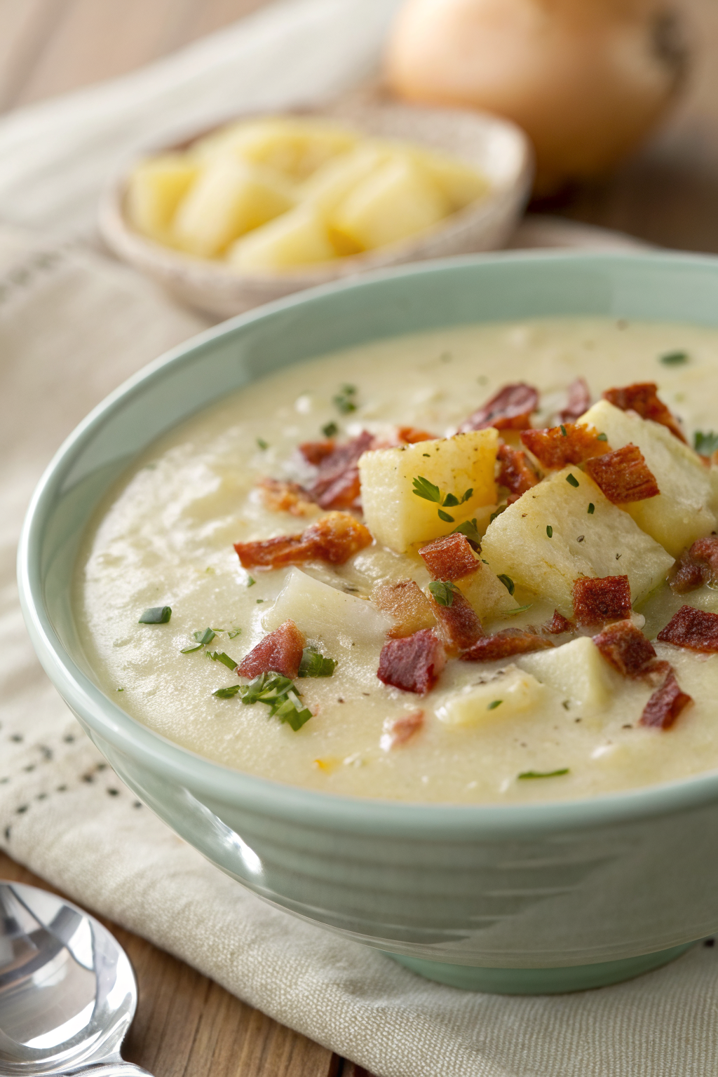 Best Potato Soup slice on plate showing perfect texture and swirl pattern