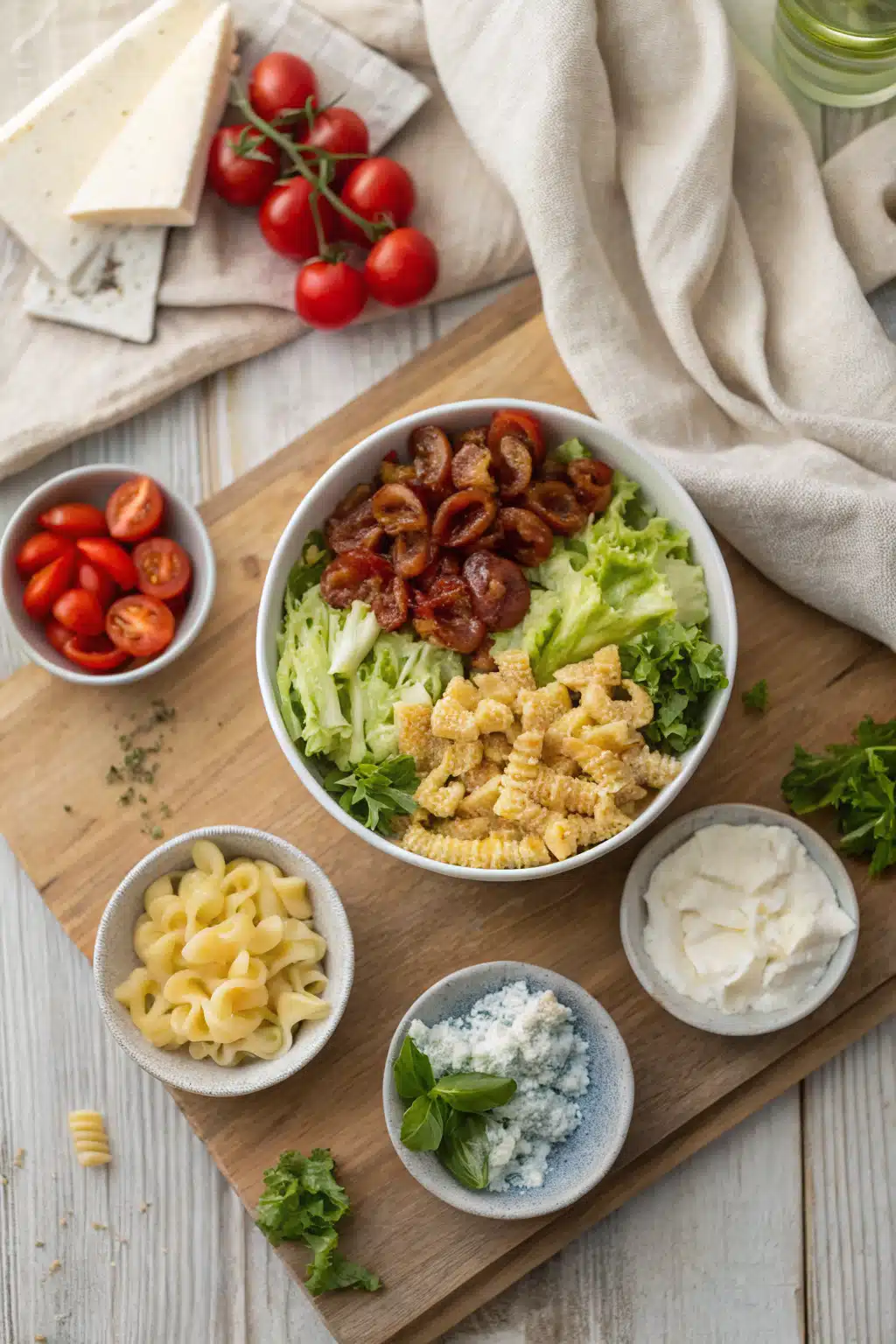 Blt Pasta Salad beautifully presented from an overhead angle