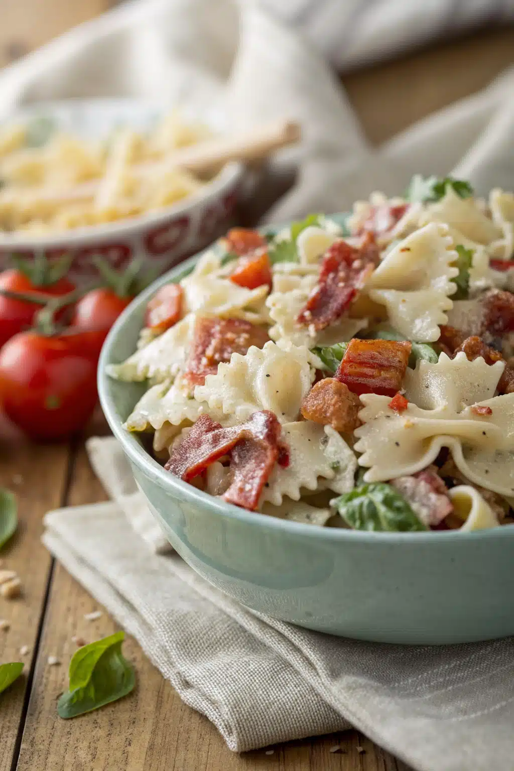 Blt Pasta Salad slice on plate showing perfect texture and swirl pattern