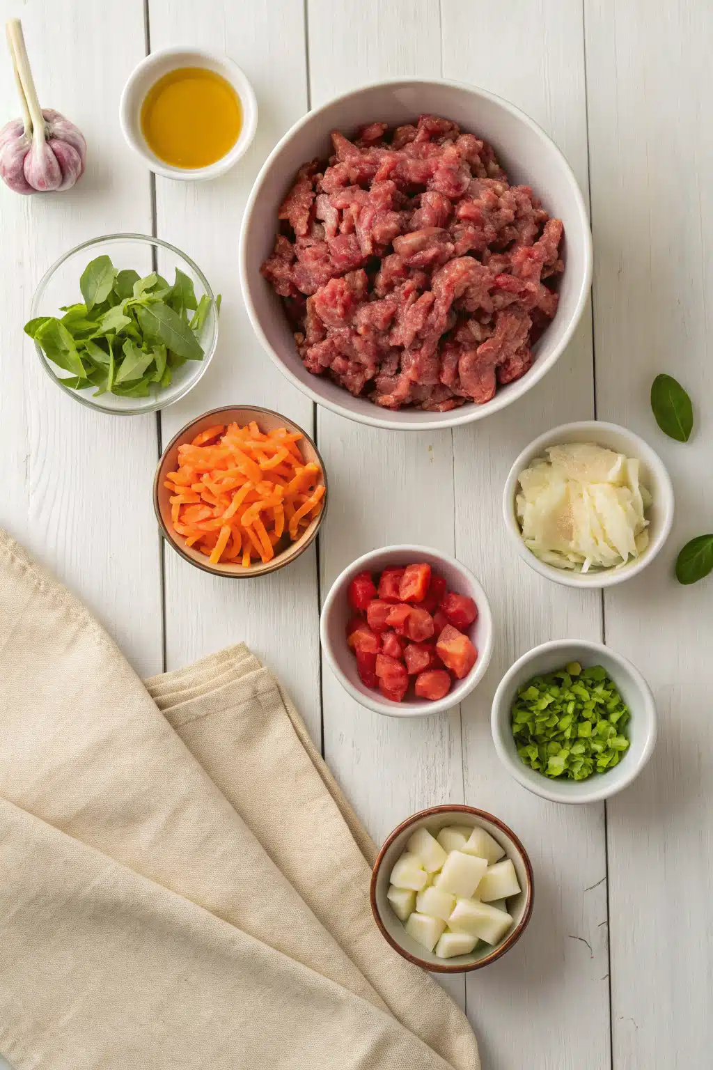 Bolognese Sauce beautifully presented from an overhead angle