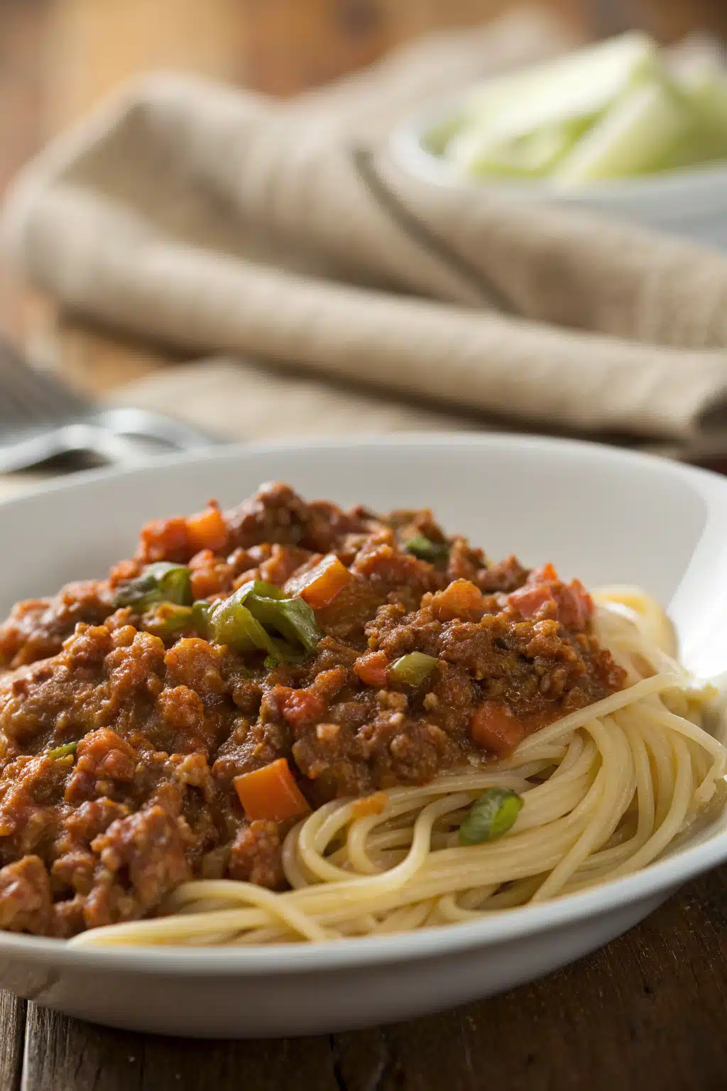 Bolognese Sauce slice on plate showing perfect texture and swirl pattern