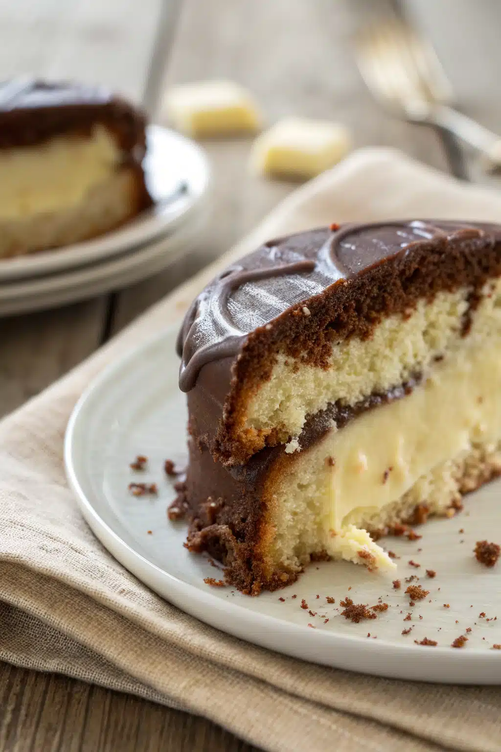 Boston Cream Poke Cake slice on plate showing perfect texture and swirl pattern