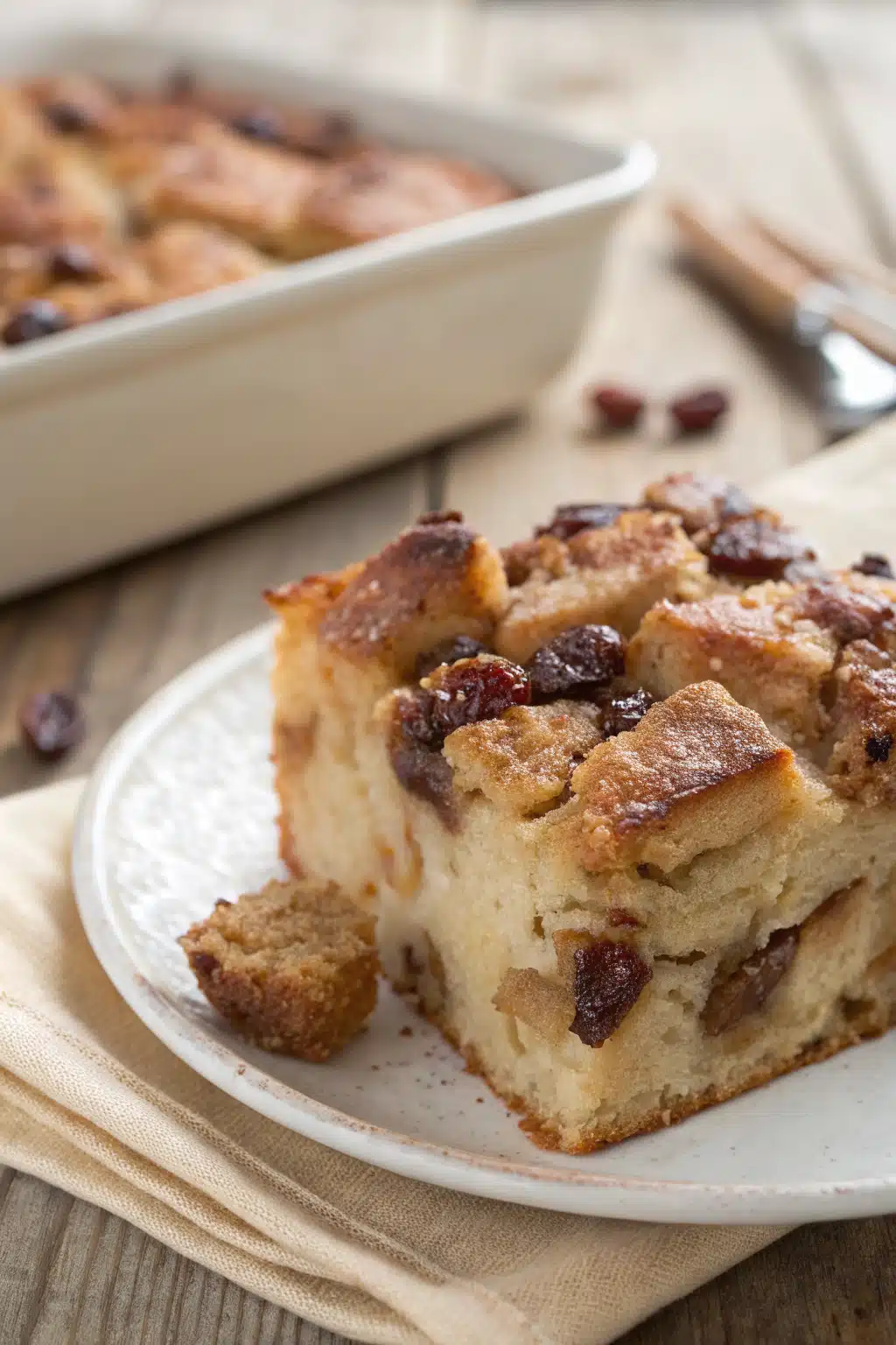 Bread Pudding slice on plate showing perfect texture and swirl pattern