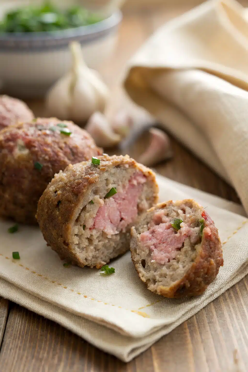 Breakfast Meatballs slice on plate showing perfect texture and swirl pattern