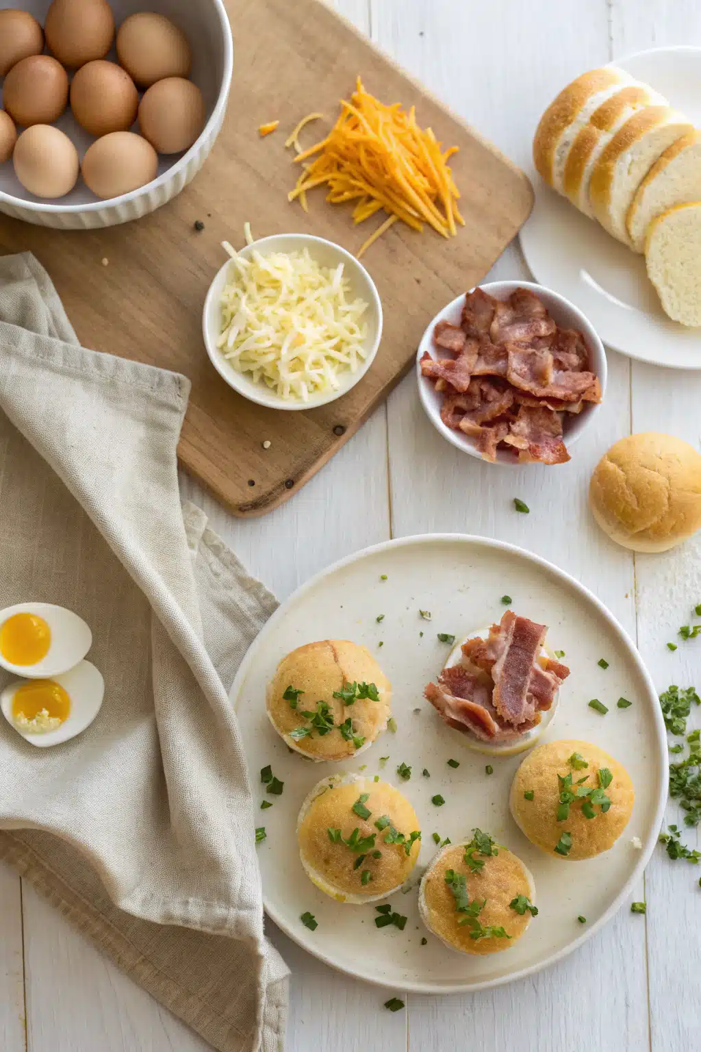 Breakfast Sliders beautifully presented from an overhead angle