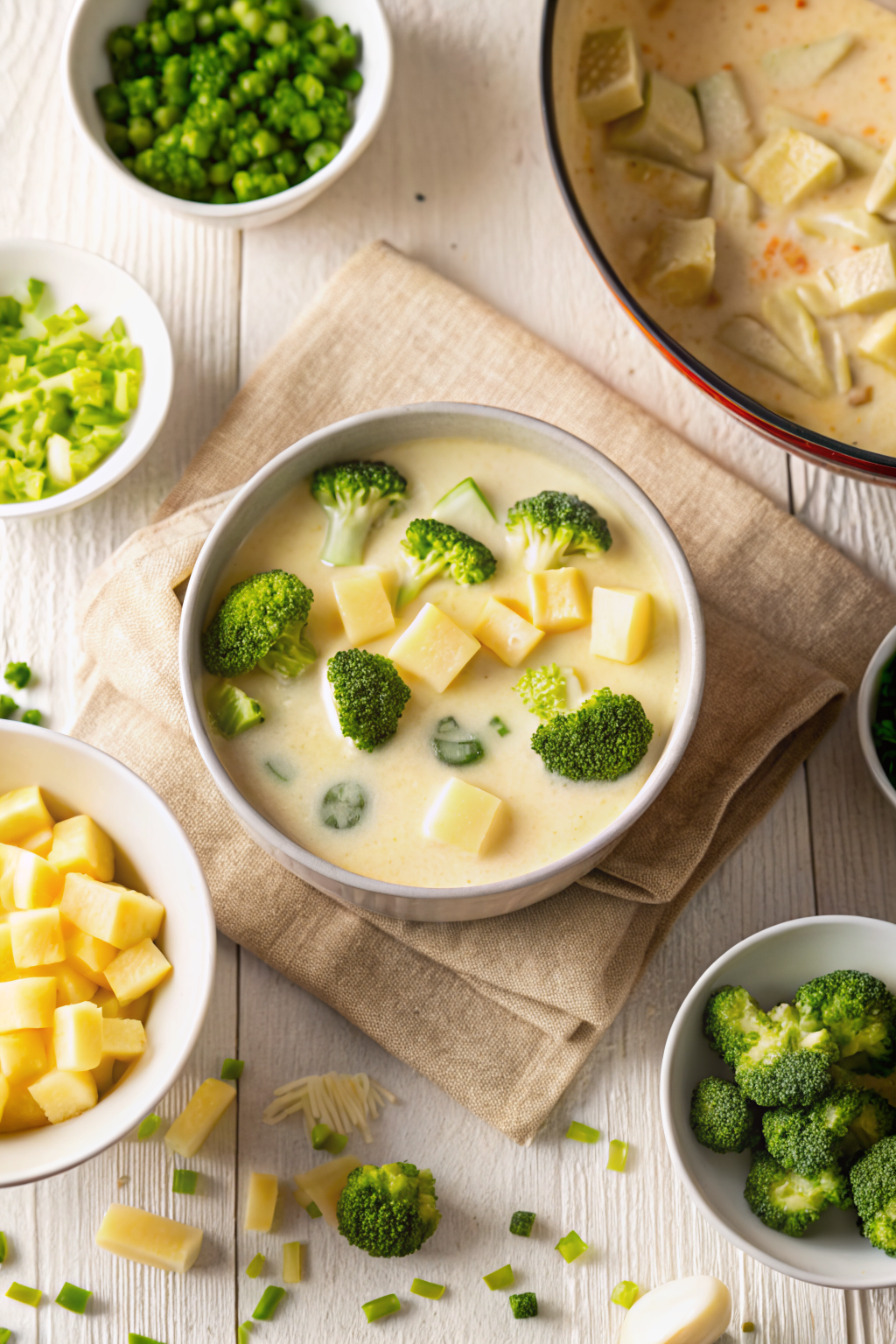 Broccoli Potato Soup beautifully presented from an overhead angle