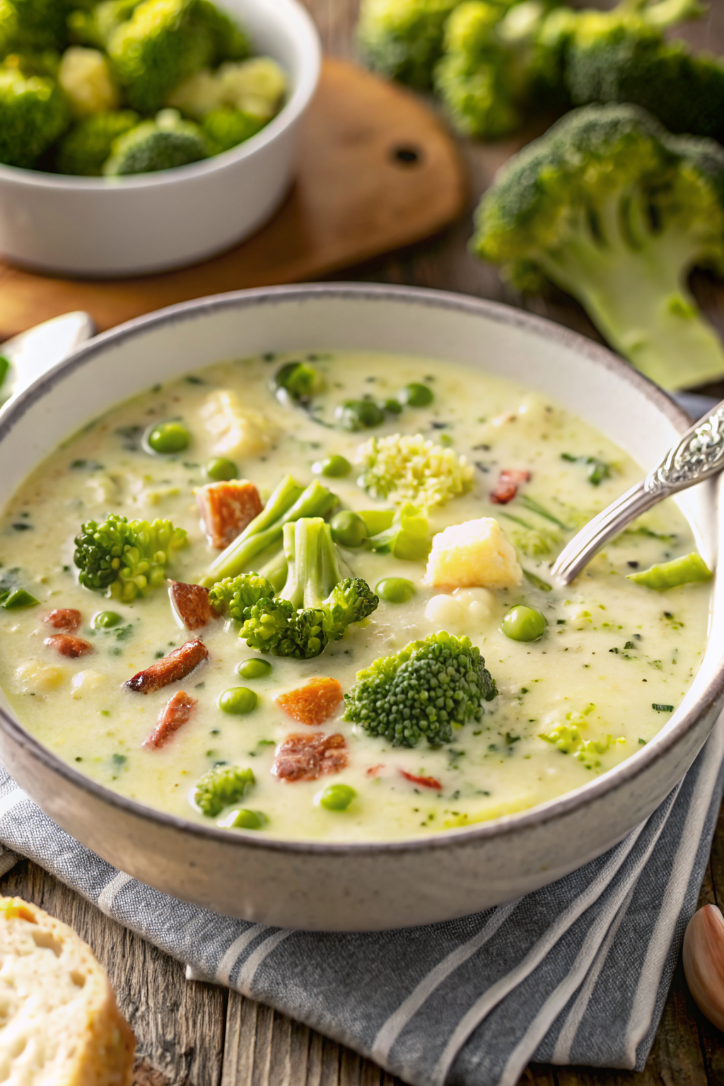 Broccoli Potato Soup ingredients organized and measured on kitchen counter