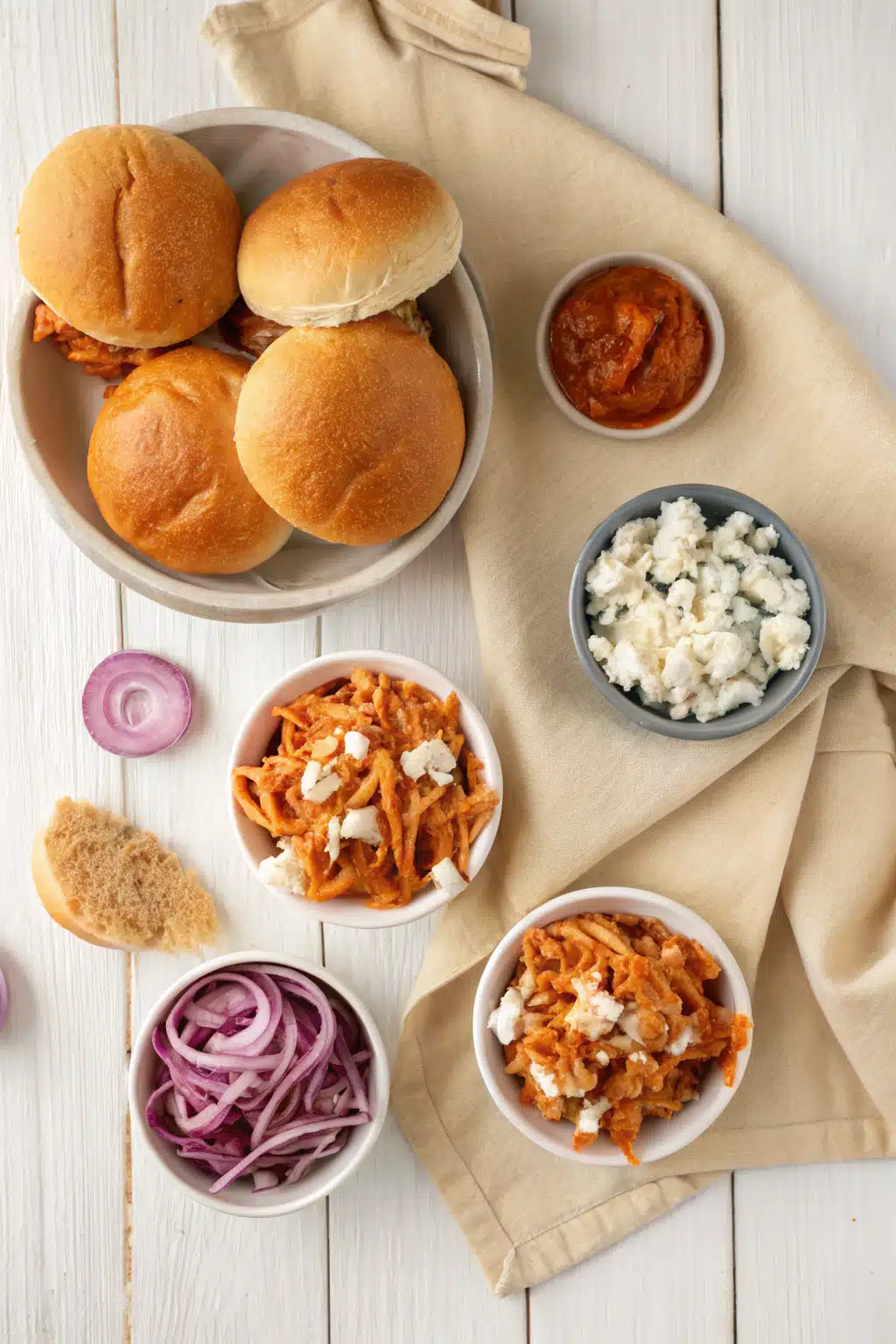 Buffalo Chicken Sliders beautifully presented from an overhead angle