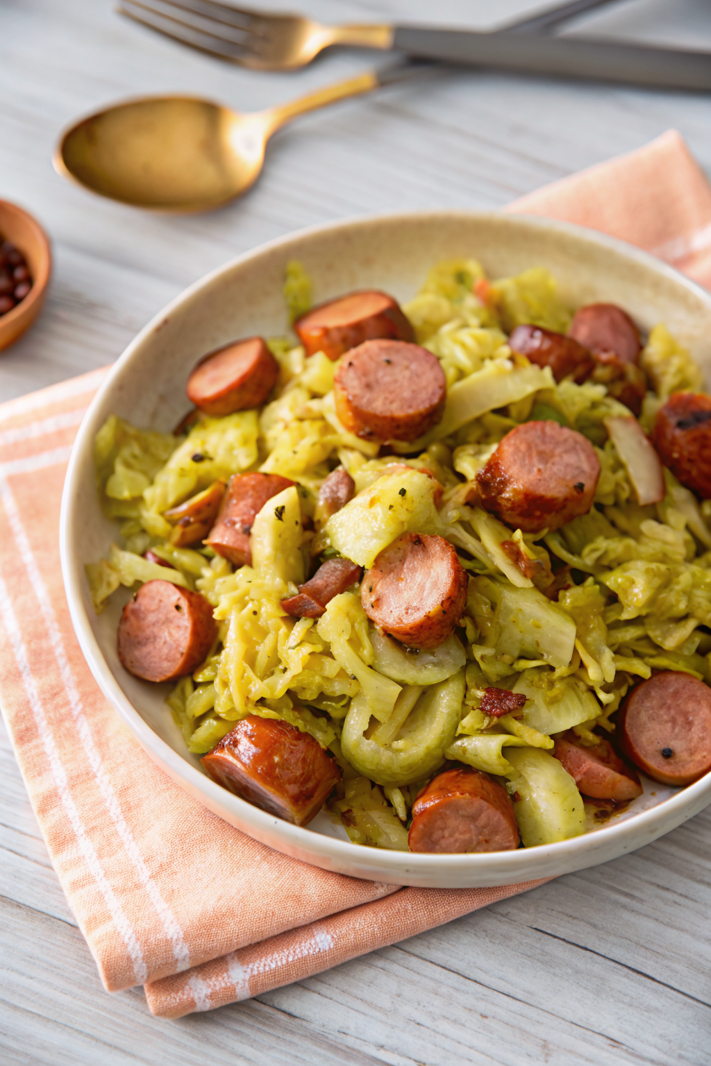 Cabbage Sausage Skillet beautifully presented from an overhead angle